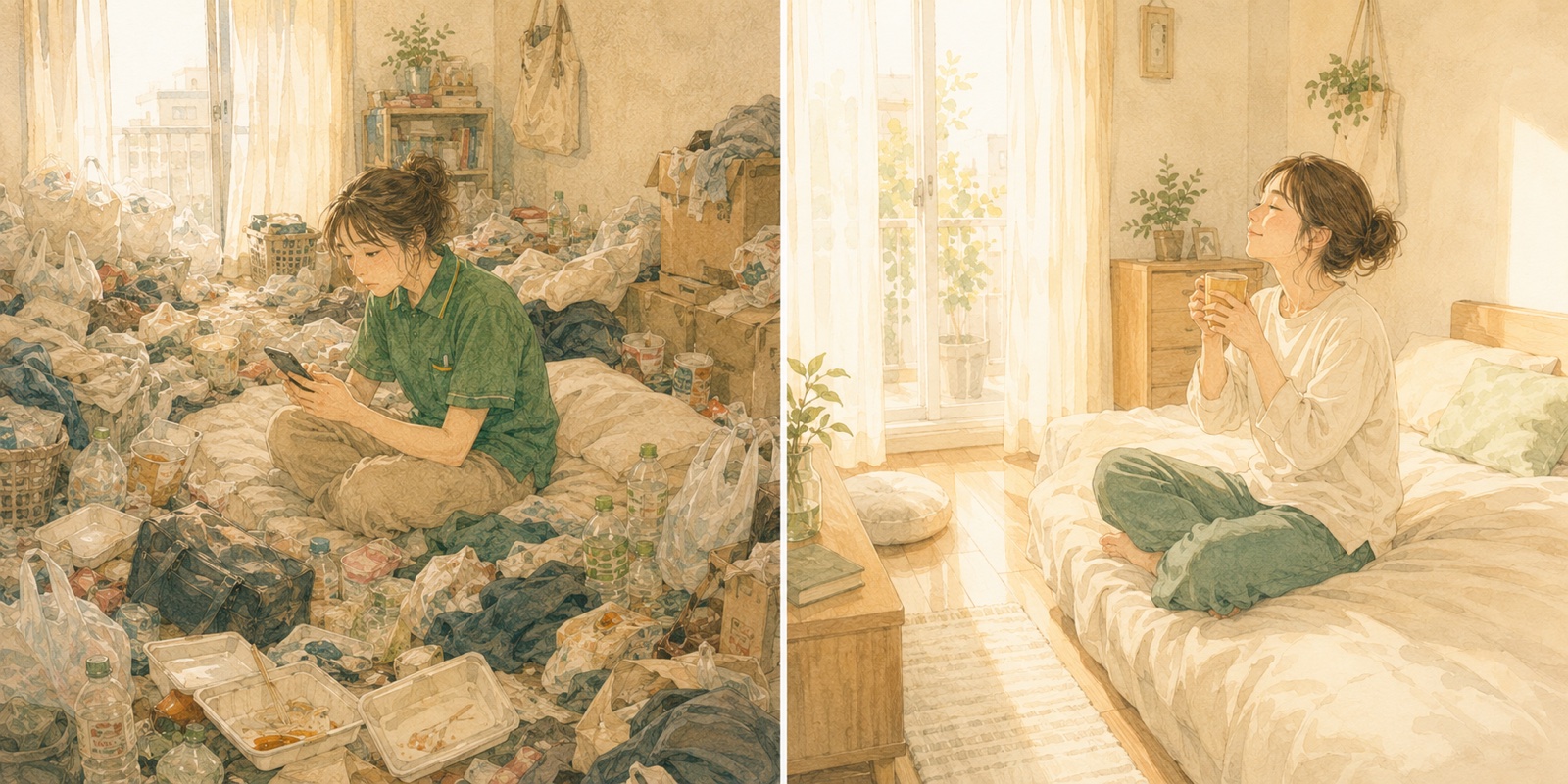 散らかった部屋が片付き、お茶を飲んでくつろげるようになったビフォーアフターのイラスト