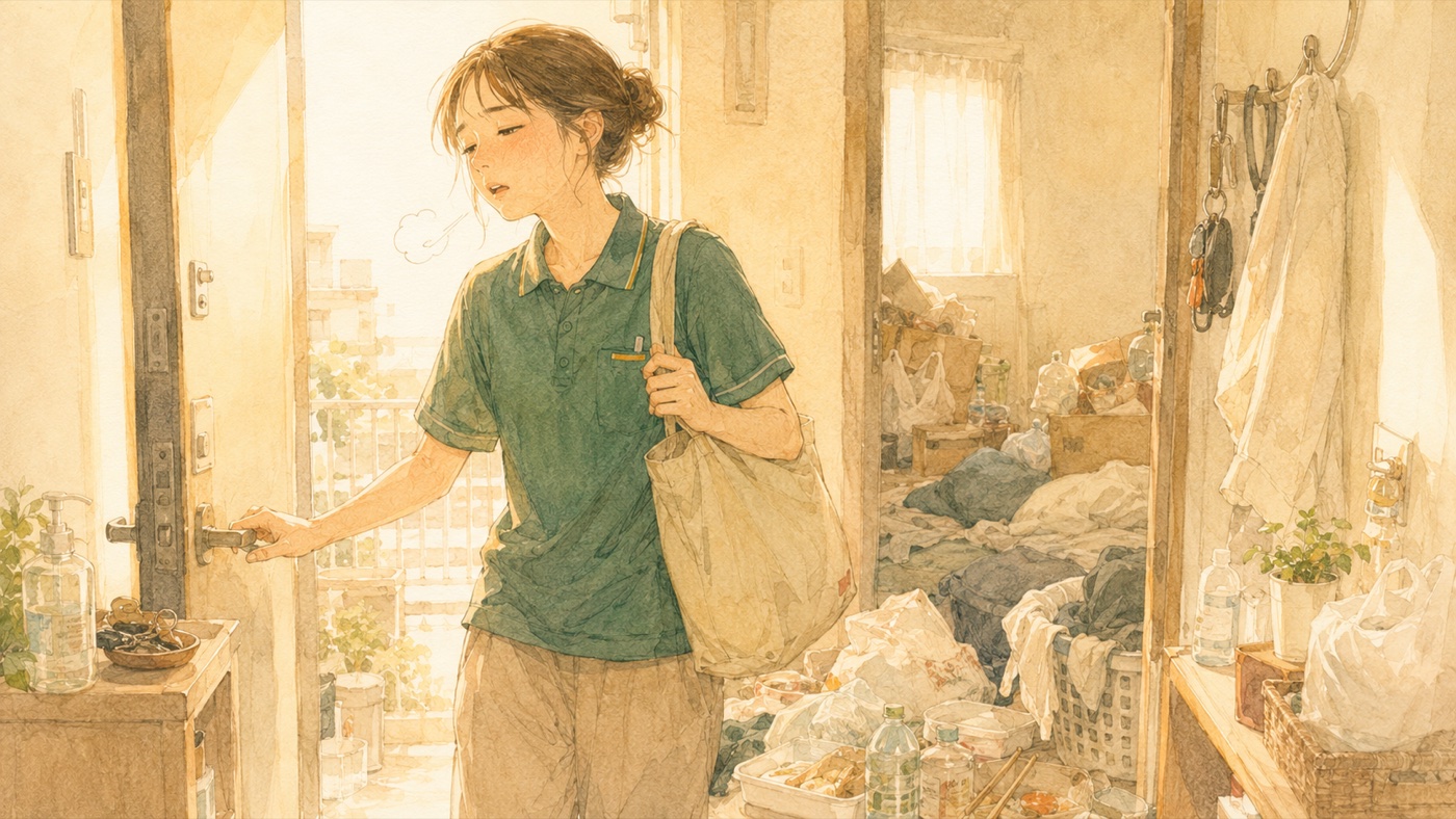 夜勤明けの朝、自宅の玄関のドアを開ける介護職の女性のイラスト