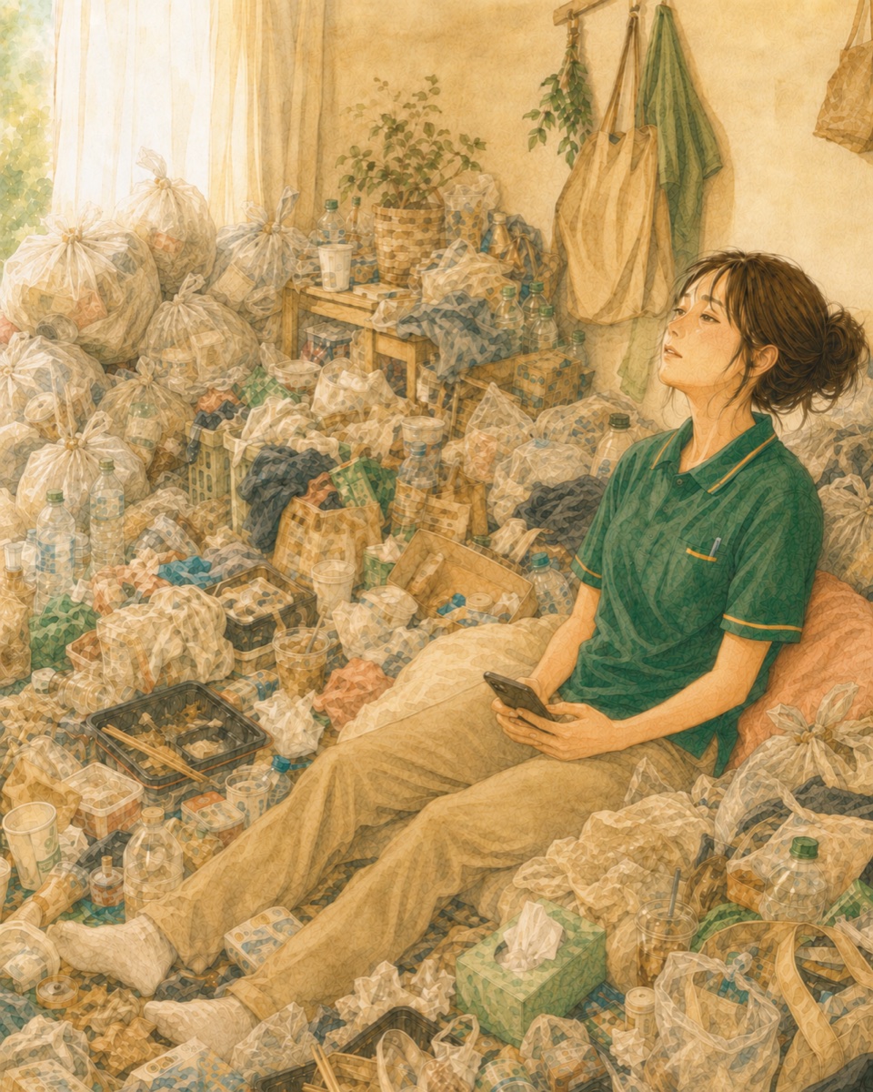 散らかった部屋のソファでひと息つく介護職の女性のイラスト