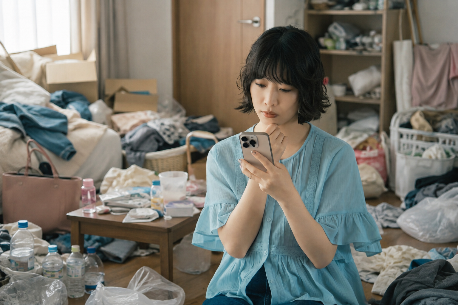 散らかった部屋を前に、誰にも相談できず悩んでいるイメージ